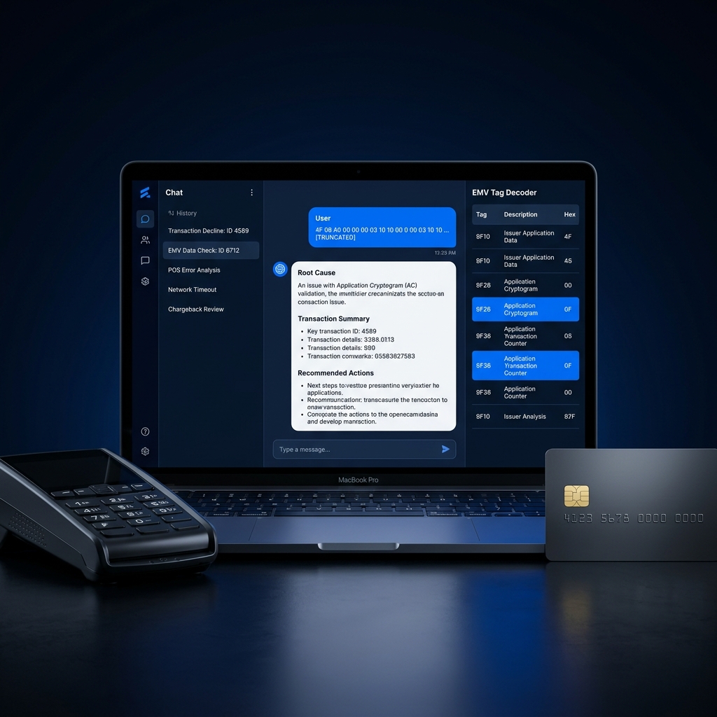 EMVAgent dashboard showing root cause analysis and EMV tag decoder