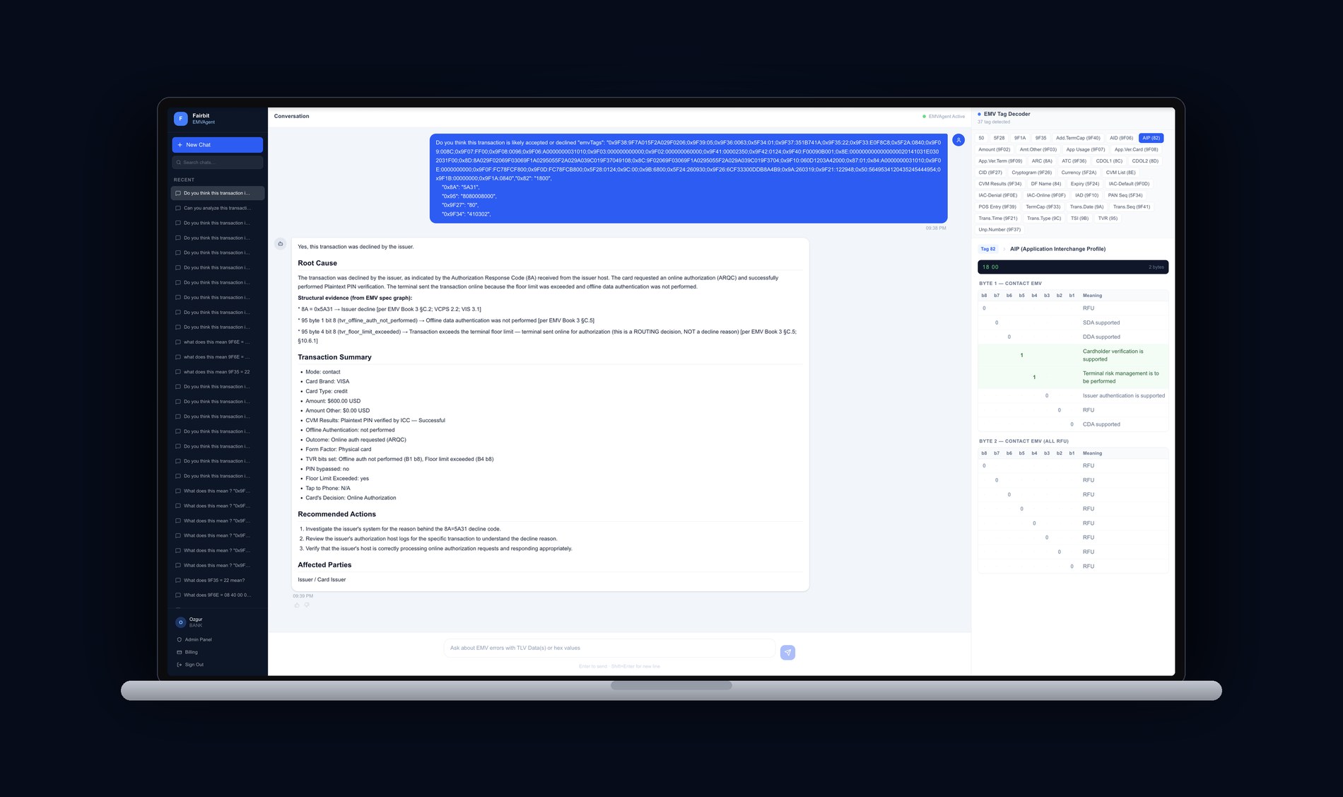 EMVAgent dashboard showing root cause analysis and EMV tag decoder